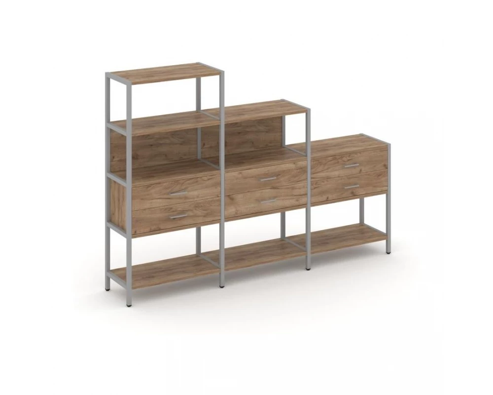 Трехсекционный стеллаж четырех/трех/двухярусный с ящиками 2730х400х1613 Shelf System