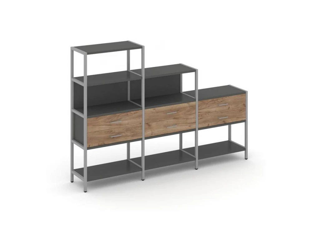Трехсекционный стеллаж четырех/трех/двухярусный с ящиками 2730х400х1613 Shelf System
