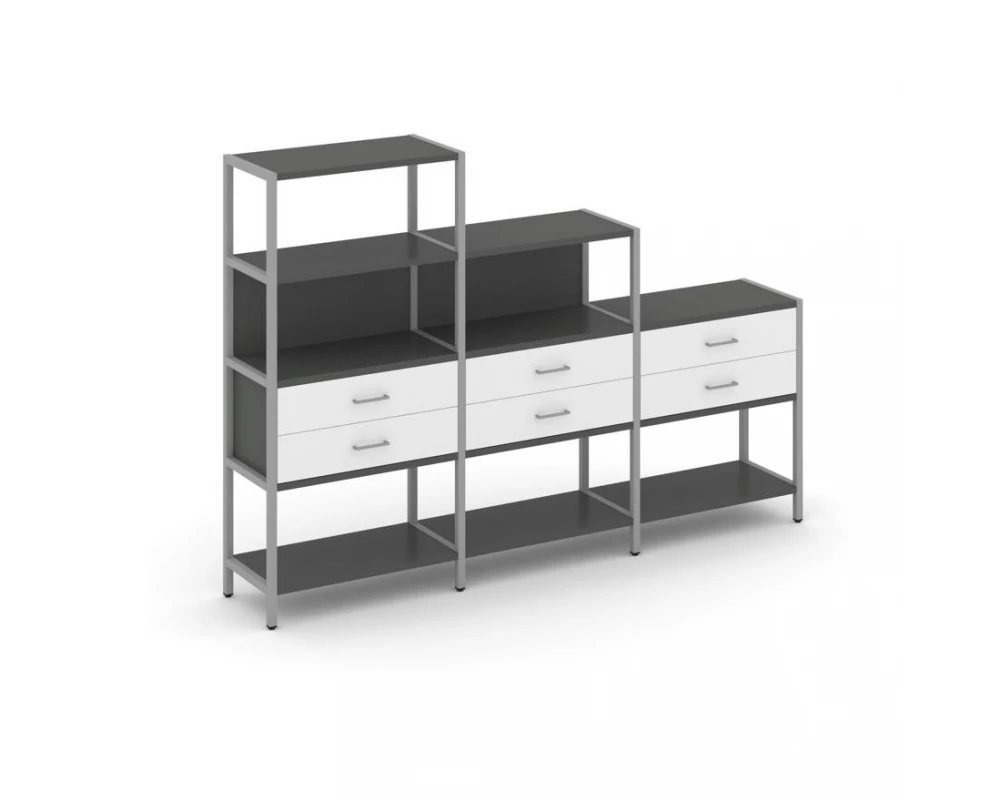 Трехсекционный стеллаж четырех/трех/двухярусный с ящиками 2730х400х1613 Shelf System