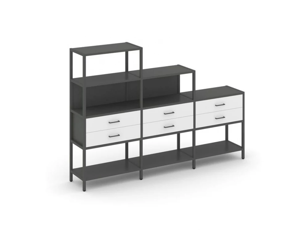 Трехсекционный стеллаж четырех/трех/двухярусный с ящиками 2730х400х1613 Shelf System