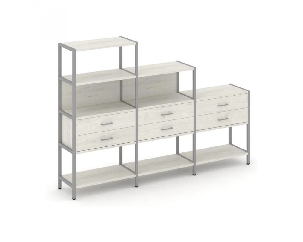 Трехсекционный стеллаж четырех/трех/двухярусный с ящиками 2730х400х1613 Shelf System