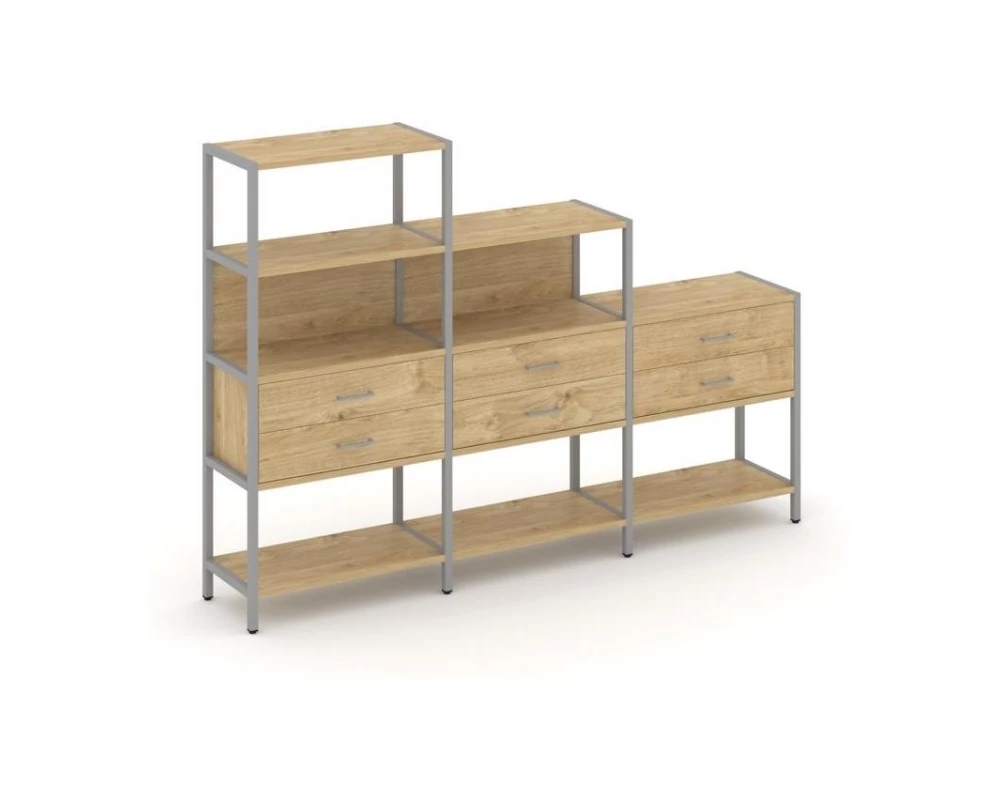 Трехсекционный стеллаж четырех/трех/двухярусный с ящиками 2730х400х1613 Shelf System