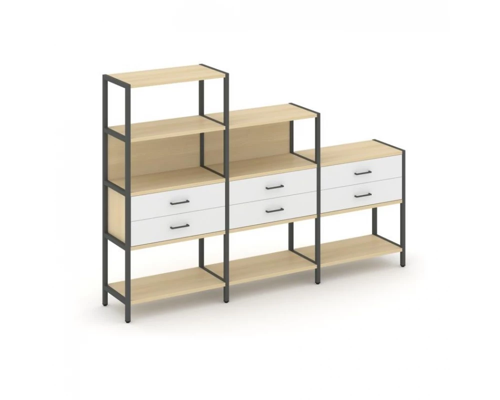 Трехсекционный стеллаж четырех/трех/двухярусный с ящиками 2730х400х1613 Shelf System