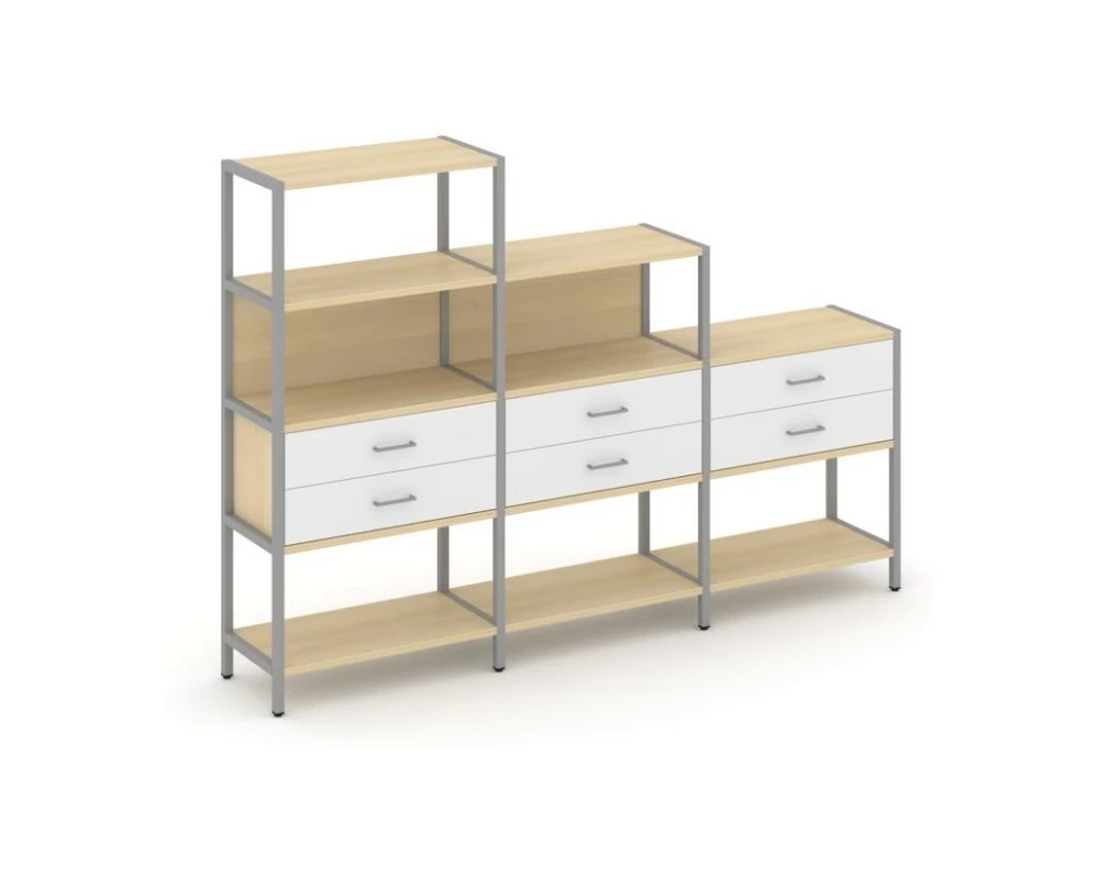 Трехсекционный стеллаж четырех/трех/двухярусный с ящиками 2730х400х1613 Shelf System