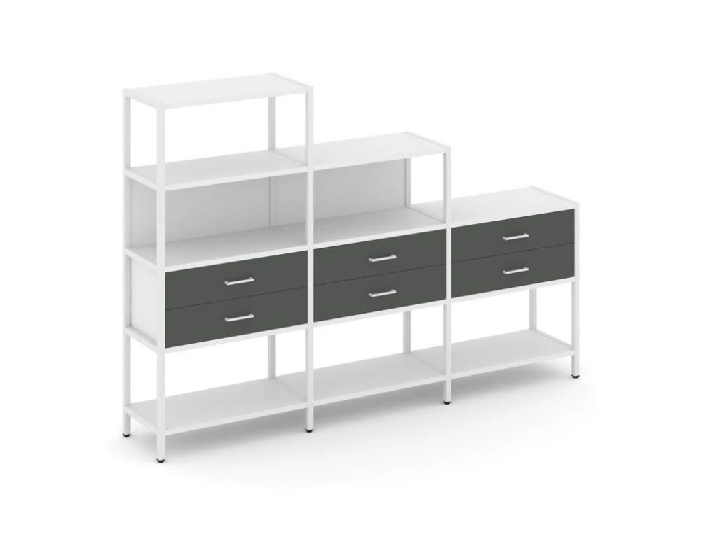 Трехсекционный стеллаж четырех/трех/двухярусный с ящиками 2730х400х1613 Shelf System