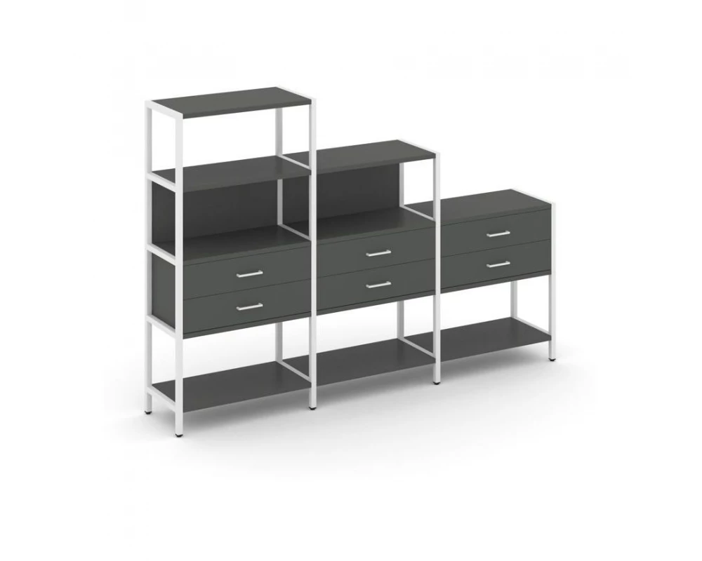 Трехсекционный стеллаж четырех/трех/двухярусный с ящиками 2730х400х1613 Shelf System