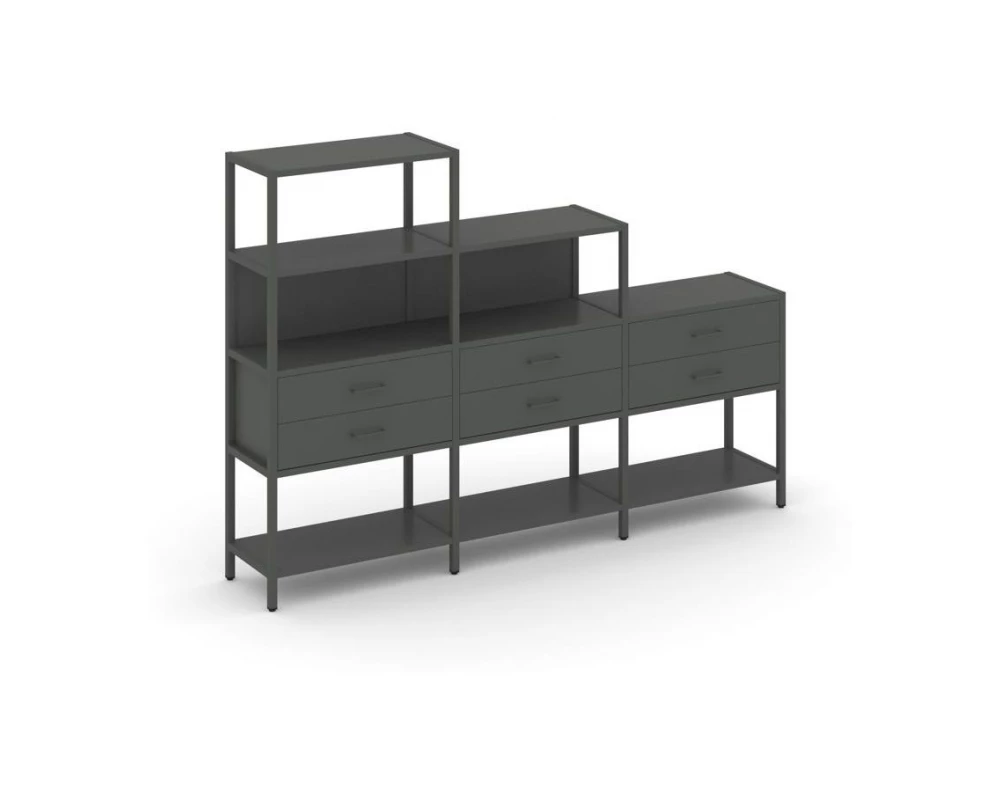 Трехсекционный стеллаж четырех/трех/двухярусный с ящиками 2730х400х1613 Shelf System