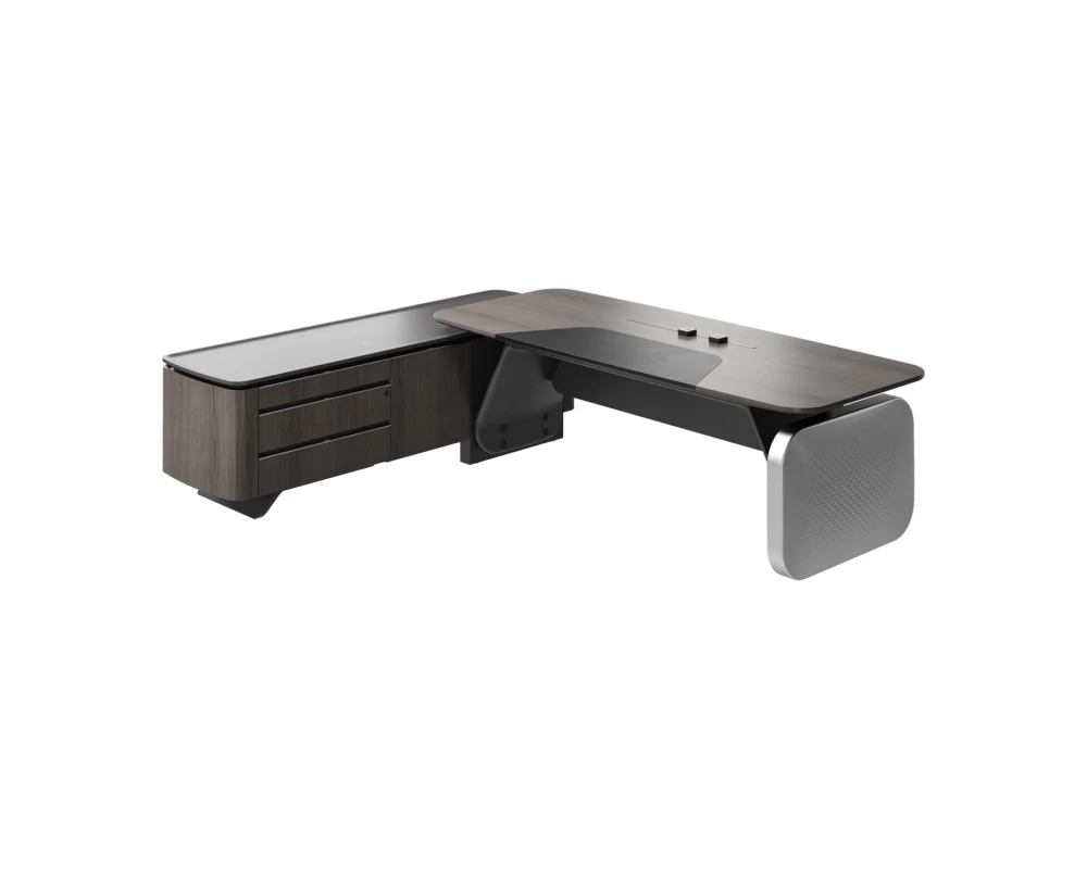 Стол руководителя на опорной сервисной тумбе - левый 2480x2240x750-1150 Atlas (Sun)